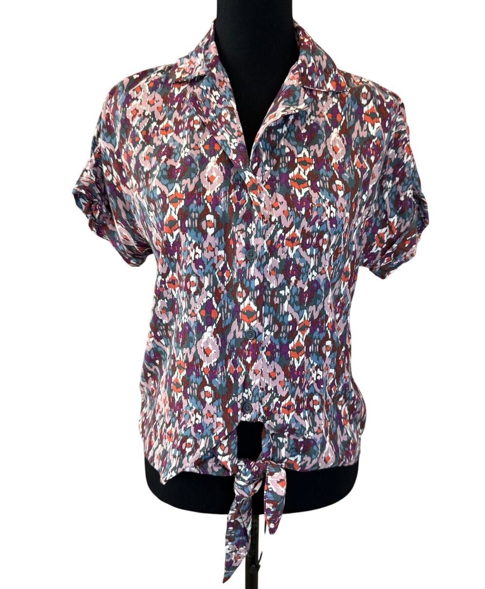 NEW BEACH LUNCH LOUNGE Multicolor Printed Tie Front Button-Up Shirt Size XS